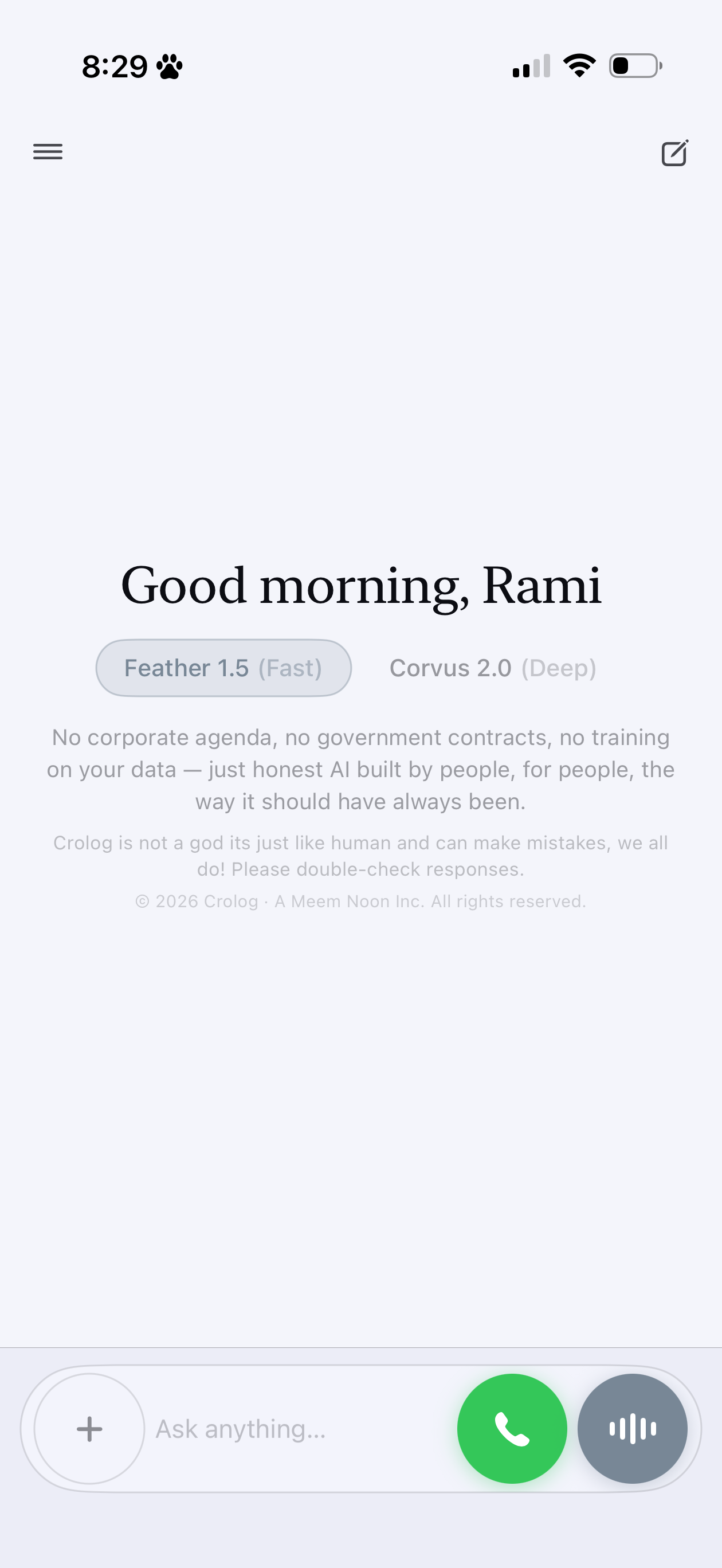 Crolog iOS — Home Screen