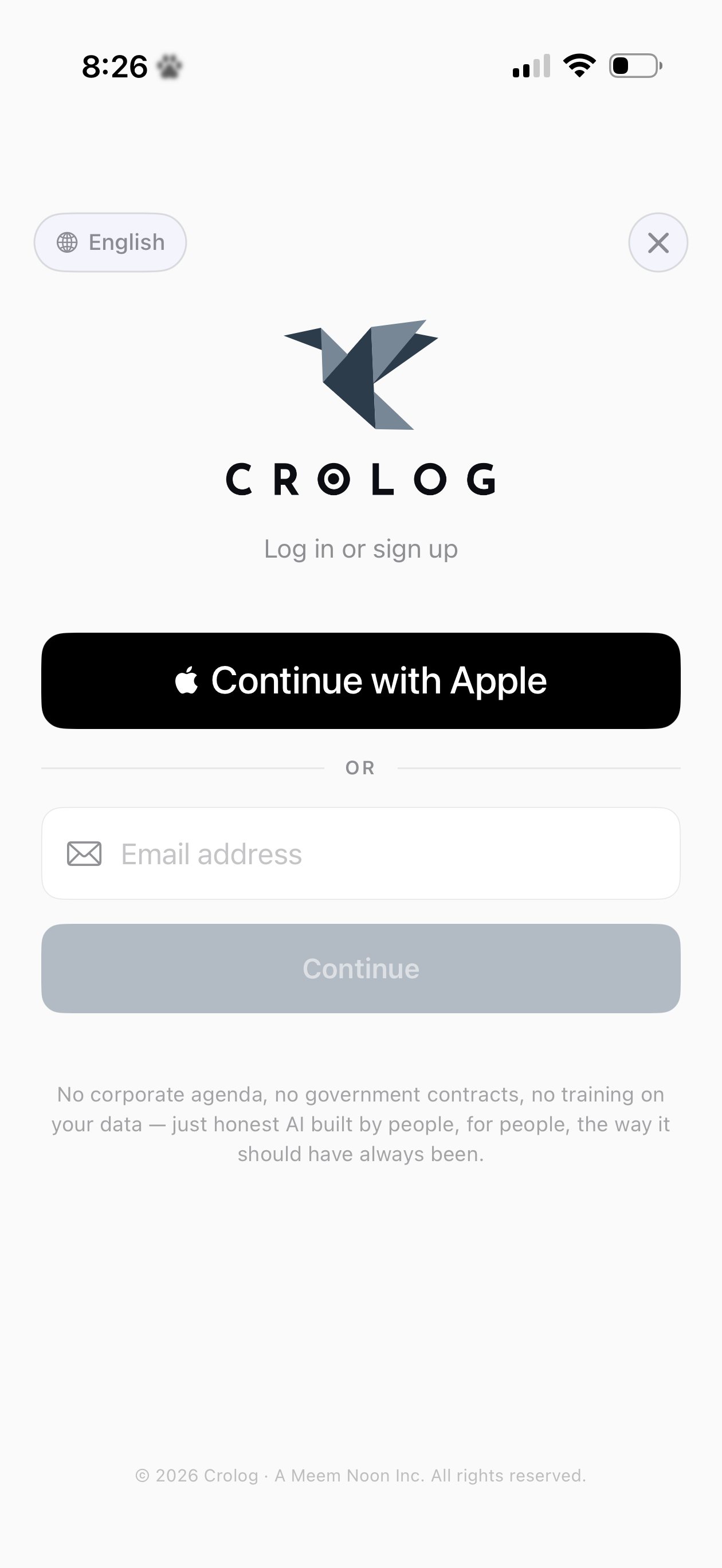 Crolog — iOS Login Screen
