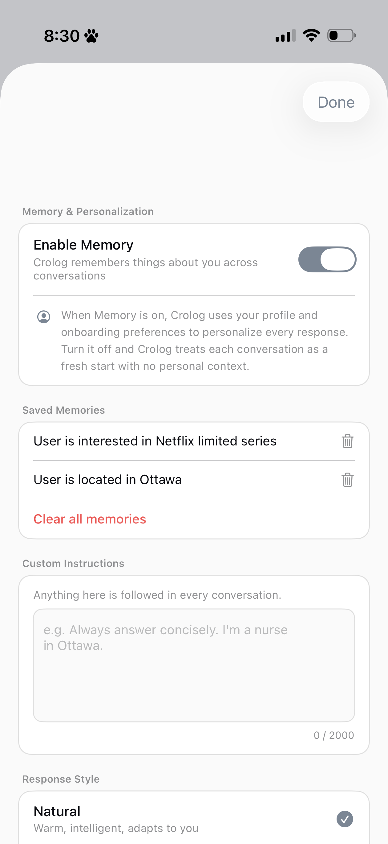 Crolog iOS — Settings & Memory