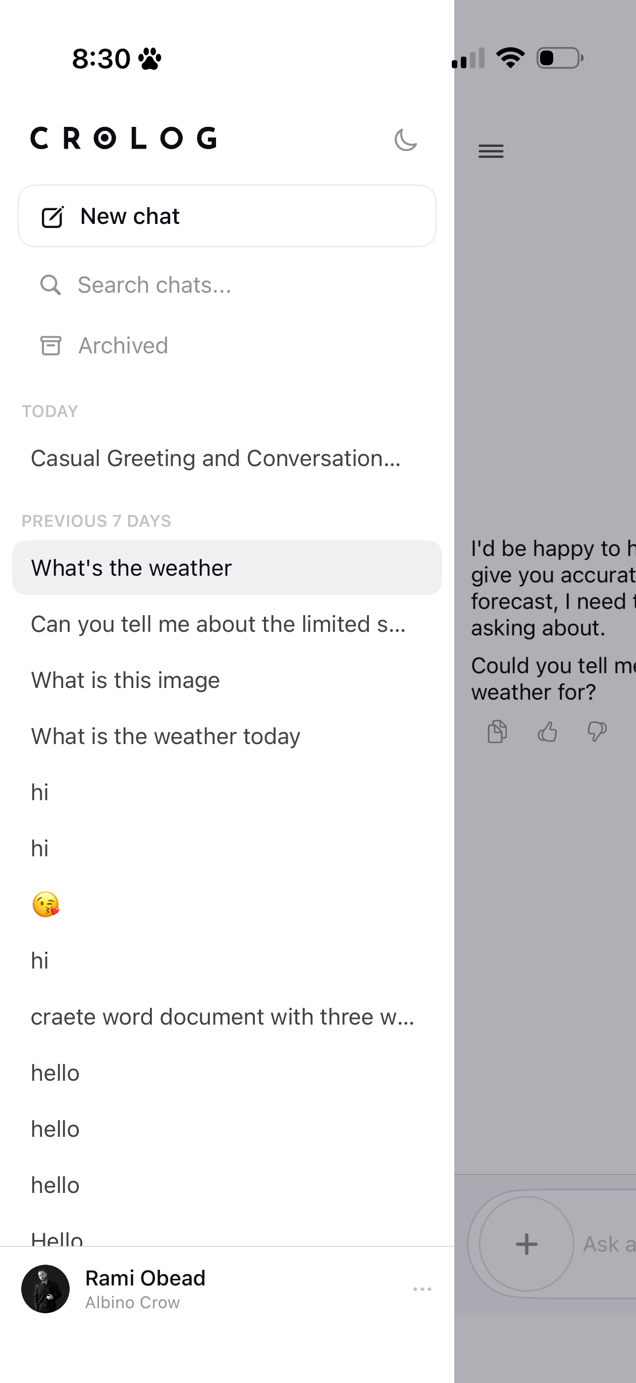 Crolog iOS — Sidebar Navigation